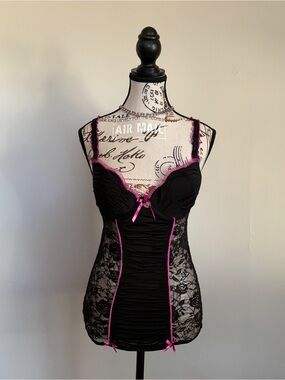 Y2K Playboy Black Pink Lace Trim Sheer Chemise Corset Slip